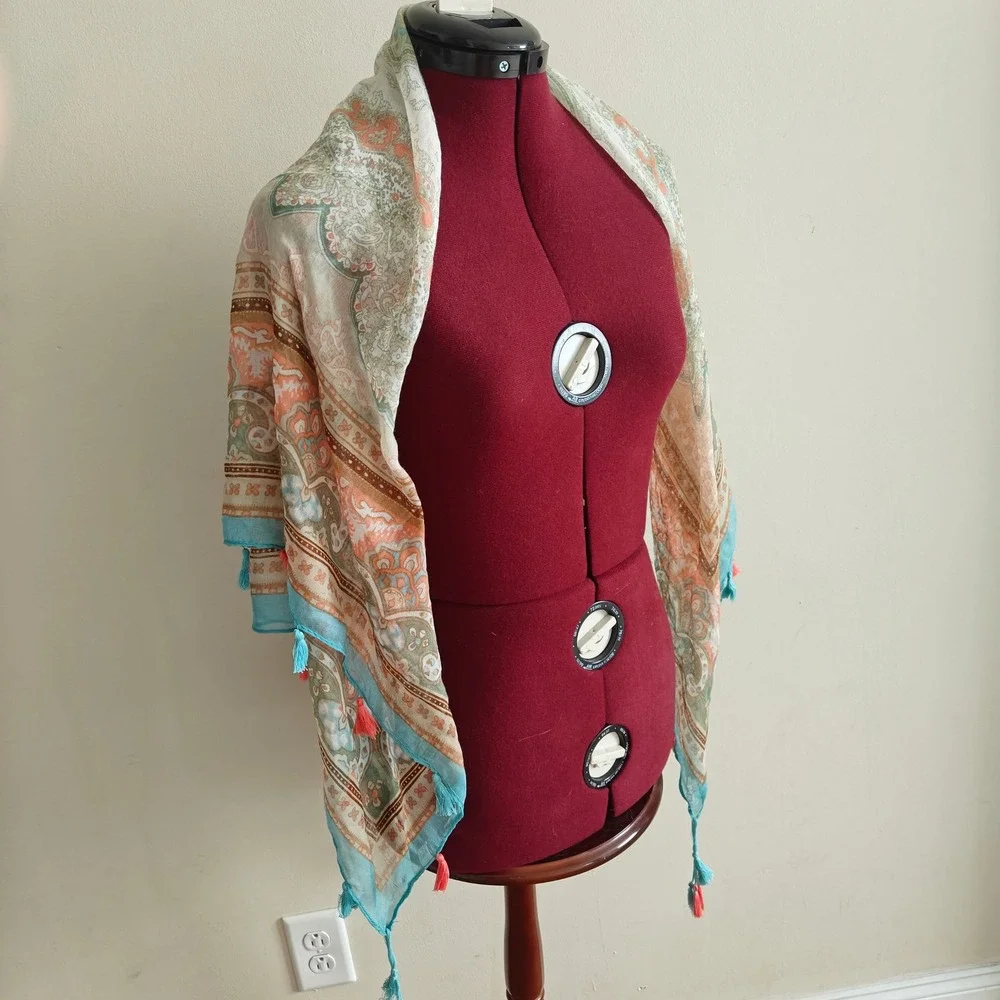 Spun by Subtle Luxury Teal Salmon Pink Paisley Tassel Square Scarf Bohemian